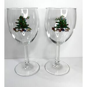 Spode Christmas Tree Pattern Stemmed Wine Glasses Set of 2